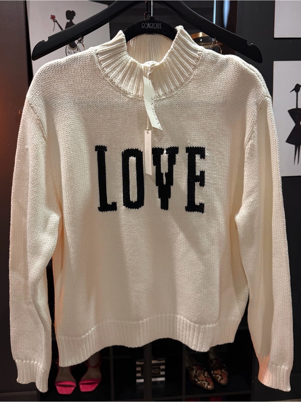 Z Supply Sienna LOVE Sweater Ivory Black Mock Neck Knit NWT